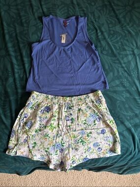 Blue Ribbed Tank with Floral Lounge Shorts